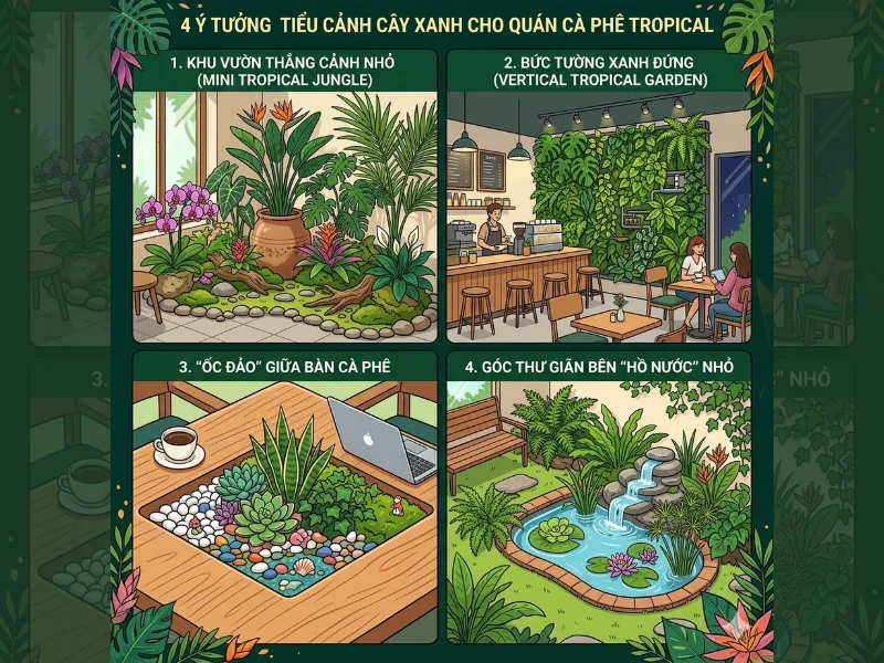 4 ý tưởng tiểu cảnh cây xanh cho quán cà phê phong cách tropical