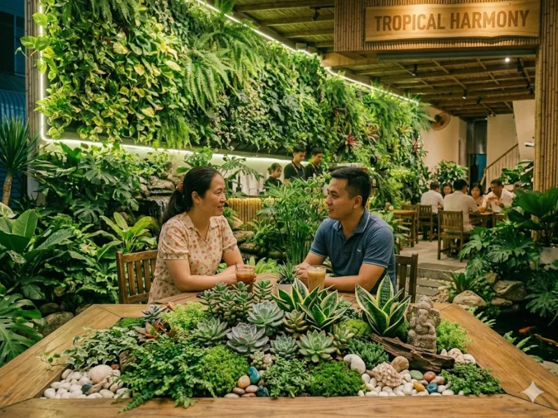 4 ý tưởng tiểu cảnh cây xanh cho quán cà phê phong cách tropical