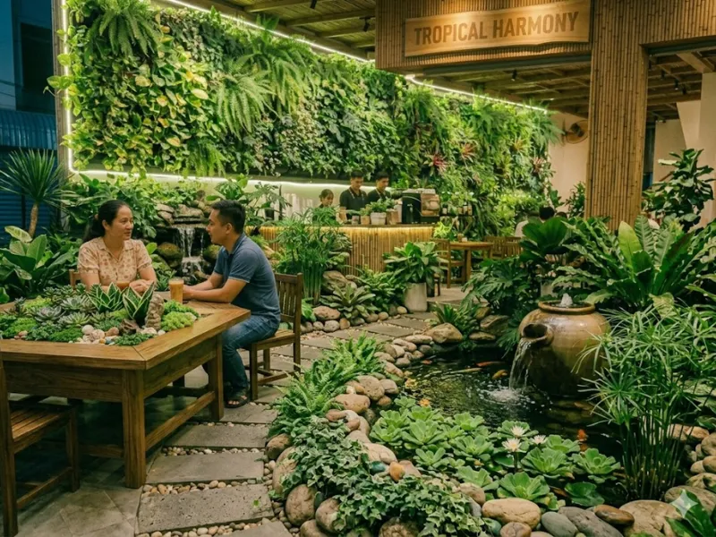 4 ý tưởng tiểu cảnh cây xanh cho quán cà phê phong cách tropical